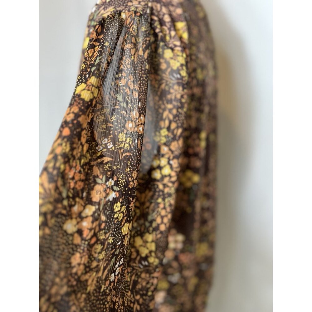 Cure Floral Blouse long sheer sleeves with gold threads sz large elastic bottom - Picture 7 of 16
